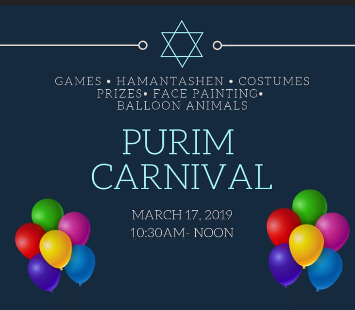Religious School Purim Carnival Sunday March 17, 2019