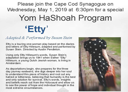 Yom HaShoah Program: ETTY, with Susan Stein – May 1, 2019